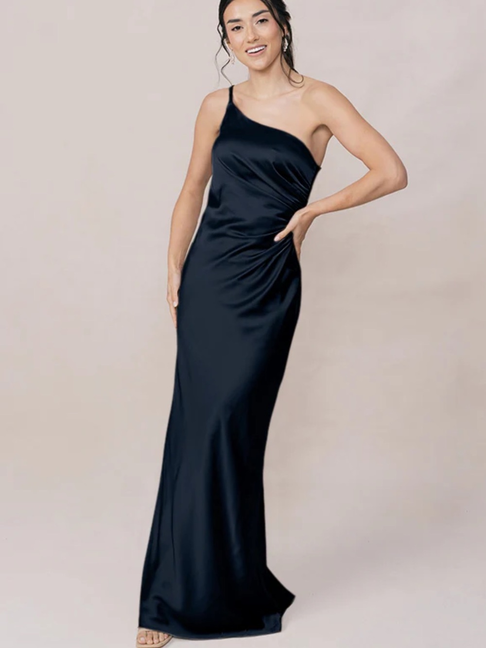 Revelry Jade One-Shoulder Navy Blue Satin Gown
